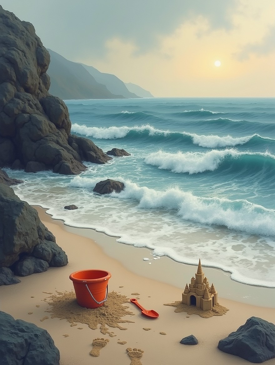 A realistic drawing of a rocky beach scene inspired by the Arpoador, depicting a deserted beach at sunset