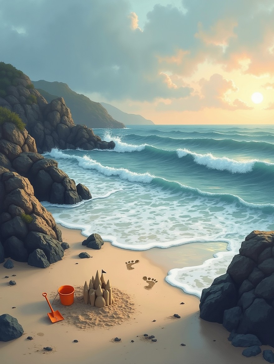 A realistic drawing of a rocky beach scene inspired by Arpoador, depicting a deserted beach at sunset