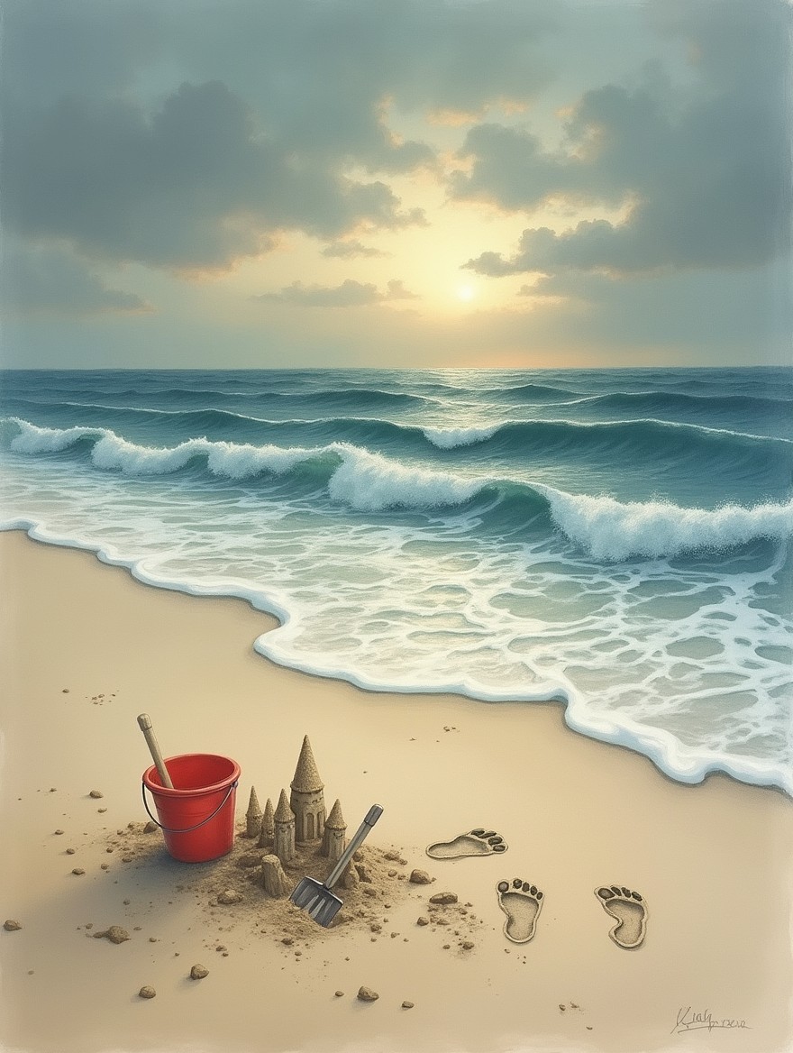 A realistic drawing of a deserted beach at sunset, capturing the essence of absence and nostalgia