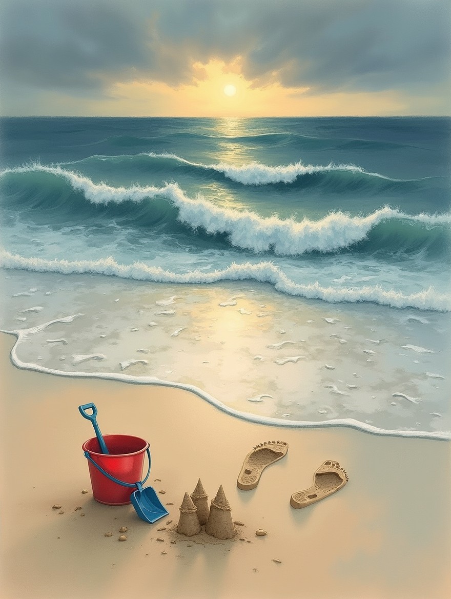 A realistic natural drawing of a deserted beach at sunset