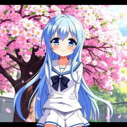 A beautiful anime waifu with long flowing blue hair and large expressive eyes, wearing a stylish school uniform with a short skirt