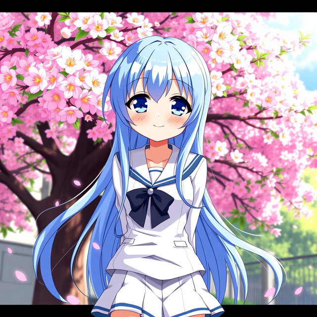 A beautiful anime waifu with long flowing blue hair and large expressive eyes, wearing a stylish school uniform with a short skirt