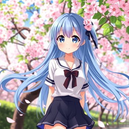 A beautiful anime waifu with long flowing blue hair and large expressive eyes, wearing a stylish school uniform with a short skirt