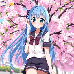 A beautiful anime waifu with long flowing blue hair and large expressive eyes, wearing a stylish school uniform with a short skirt