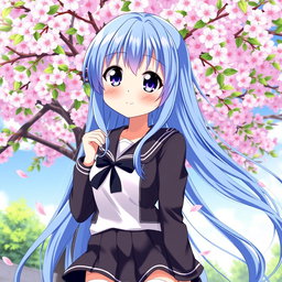 A beautiful anime waifu with long flowing blue hair and large expressive eyes, wearing a stylish school uniform with a short skirt