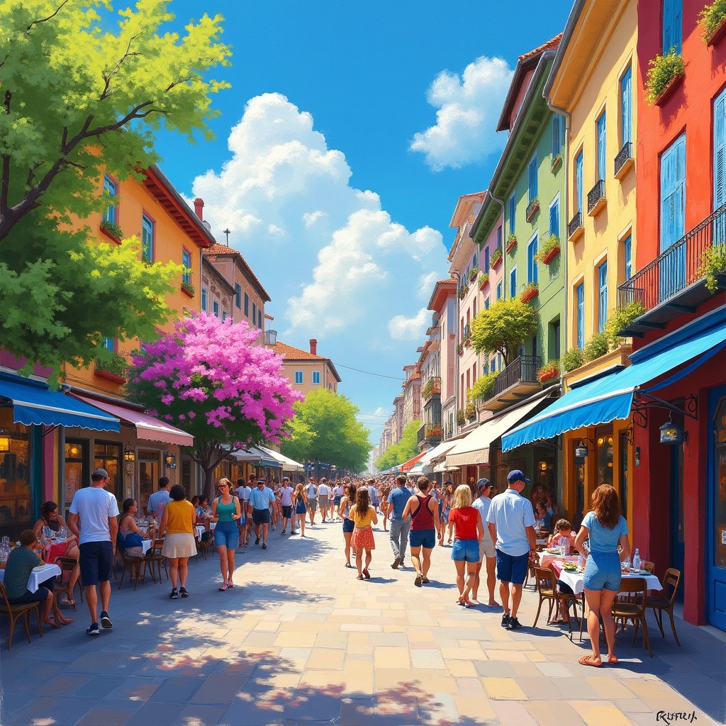 An Impressionist painting depicting a vibrant and bustling cityscape