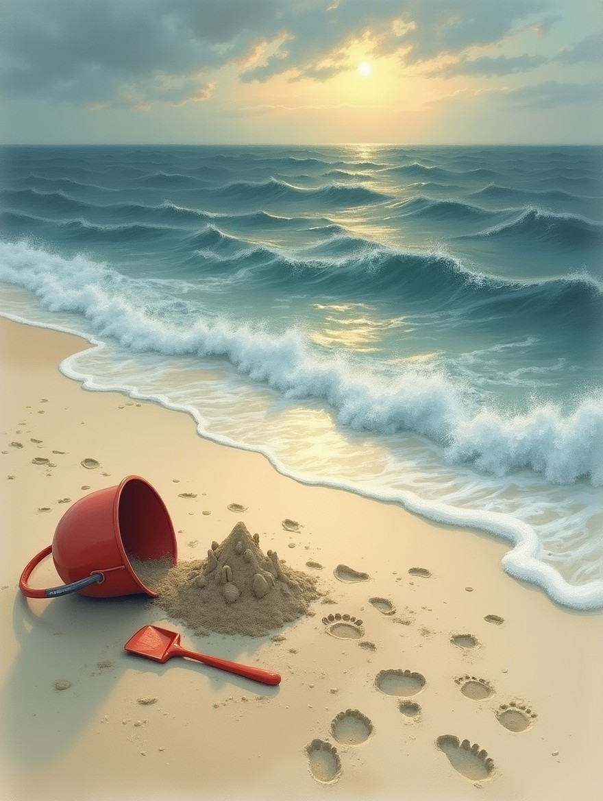 A realistic drawing of an empty beach at sunset