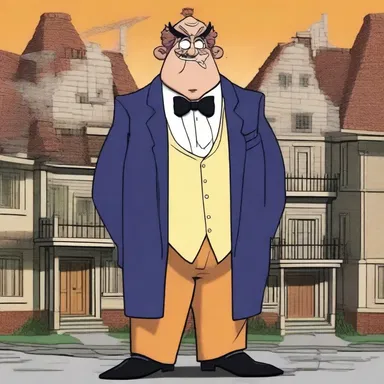 In the animated series, the villainous character imposed rack rent on the innocent townspeople, causing their homes to crumble under the weight of financial hardship.