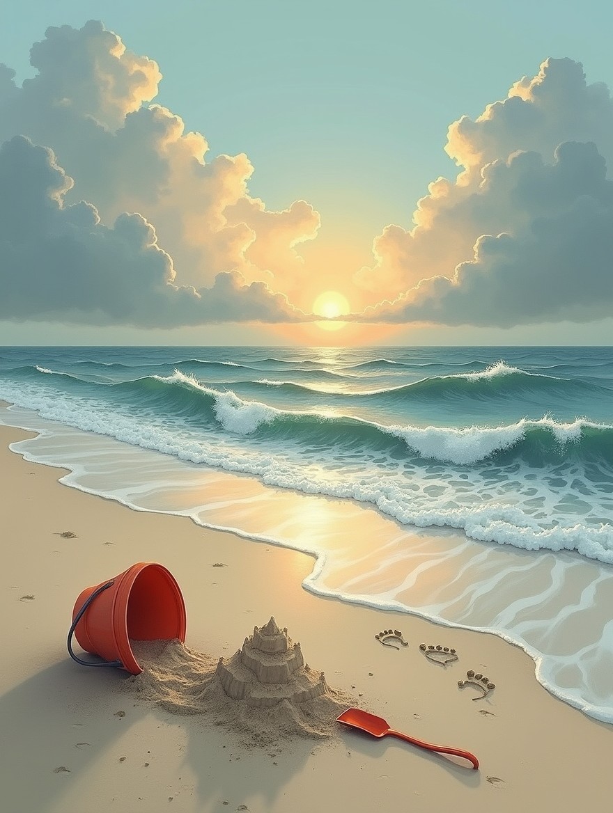 A realistic drawing of an empty beach at sunset