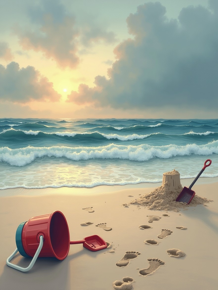 A realistic drawing of an empty beach at sunset