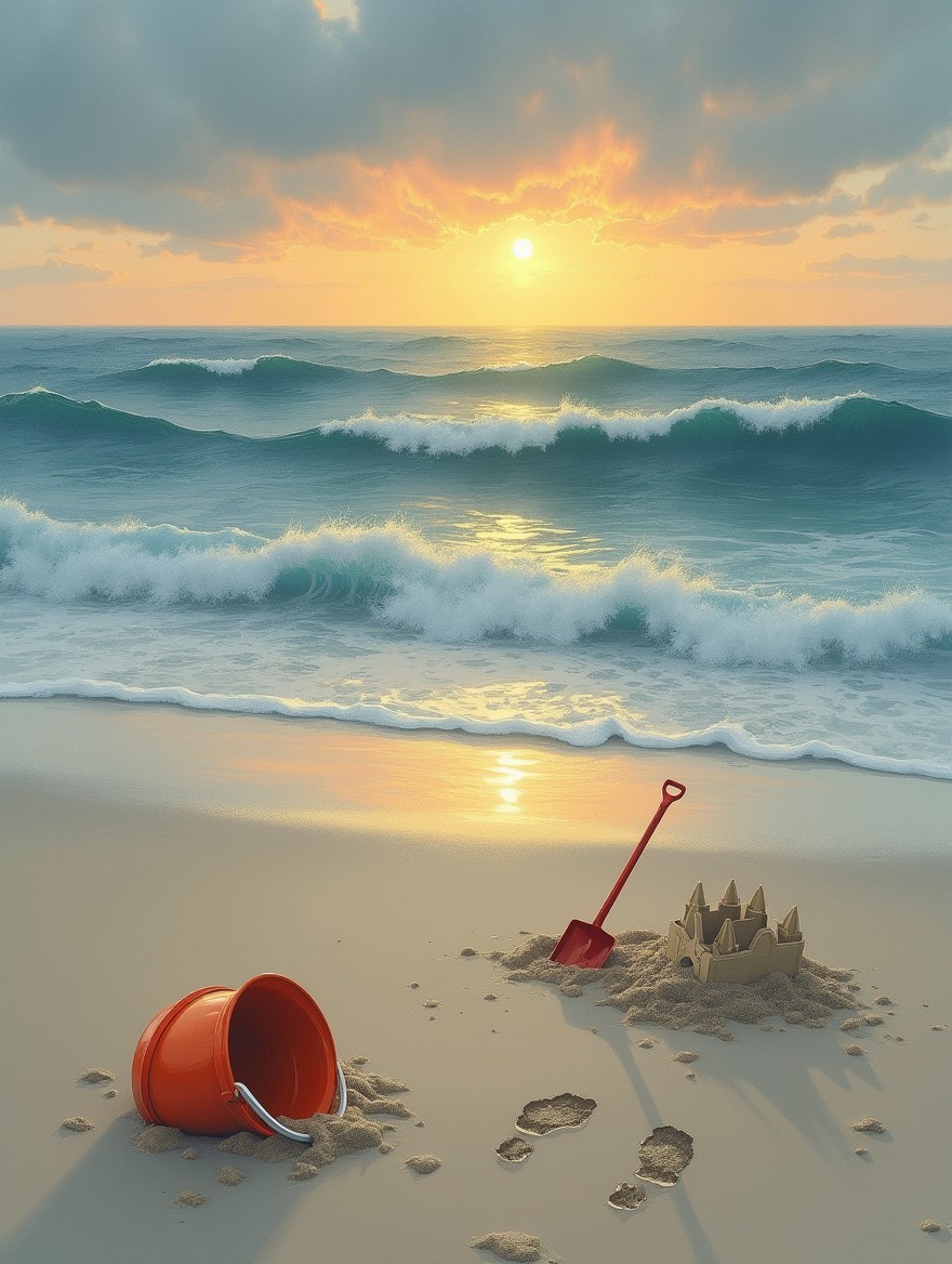 A realistic drawing of an empty beach at sunset