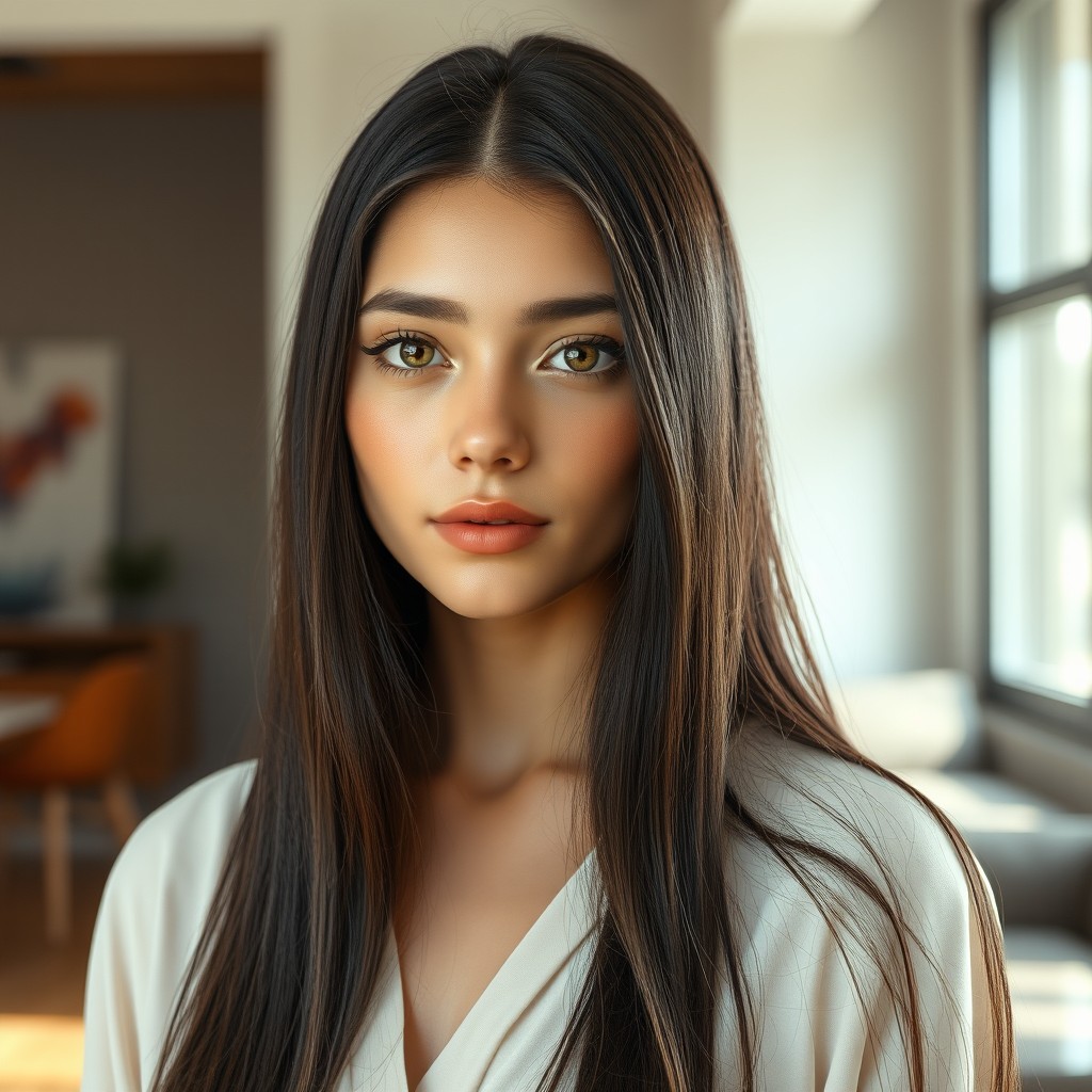 A hyper-realistic portrait of a young woman with very long straight jet-black azabache hair that flows naturally past her waist, featuring shiny and silky strands with slight messiness for added realism
