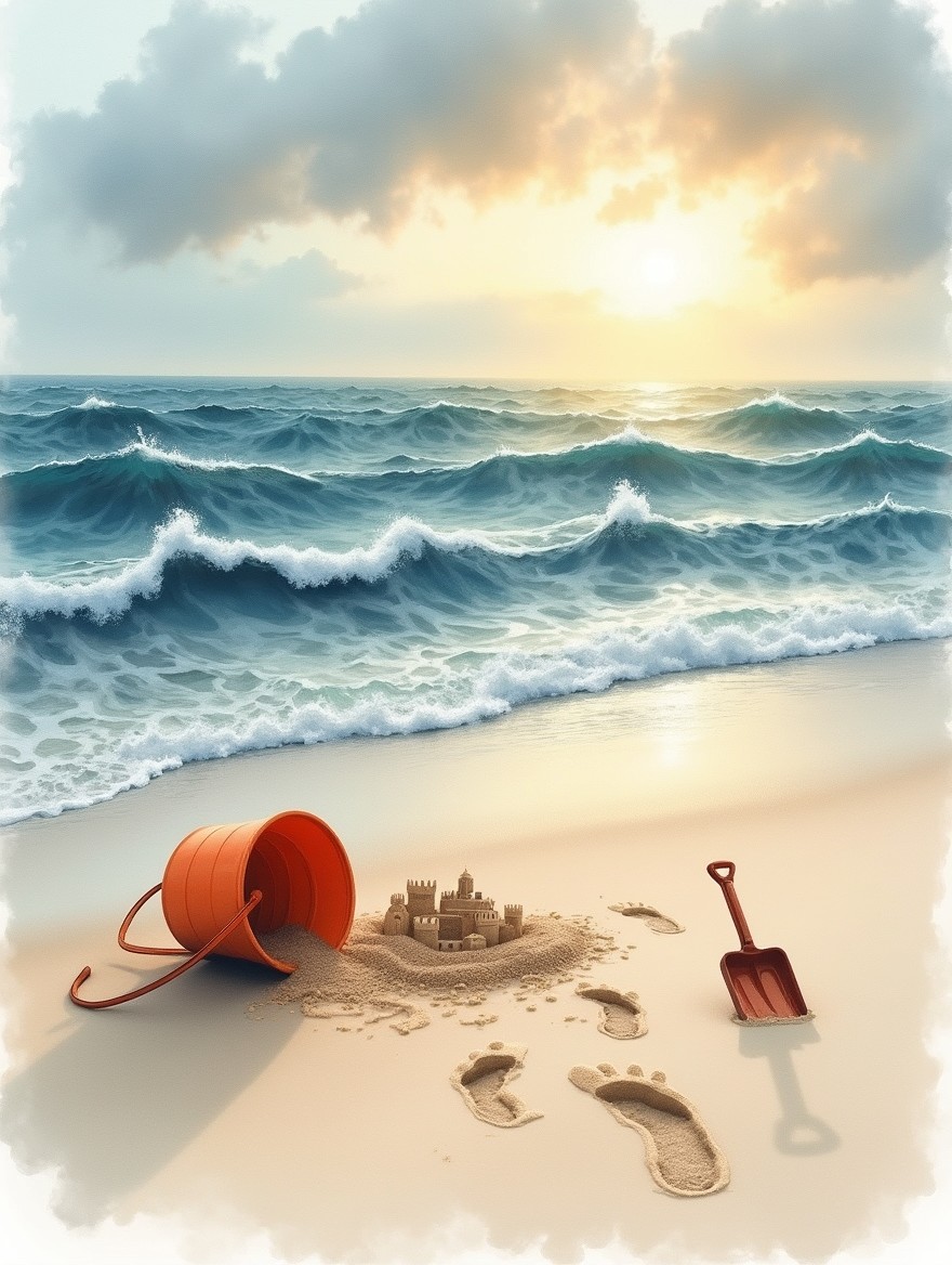 A watercolor-style drawing of a deserted beach at sunset