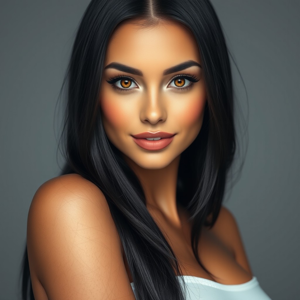 A portrait of a woman with captivating honey-colored eyes and sleek jet-black azabache hair that cascades down to her knees