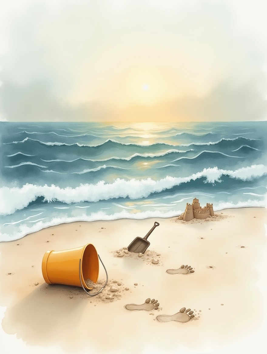 A soft watercolor painting of a deserted beach at sunset