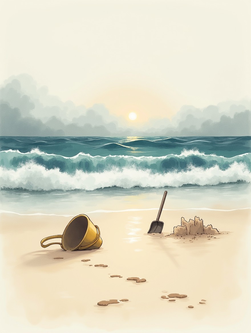 A soft watercolor drawing of a deserted beach at sunset