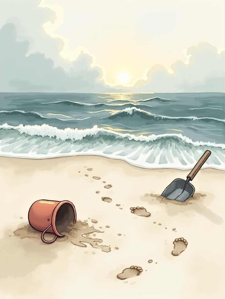 A soft watercolor drawing of a deserted beach at sunset
