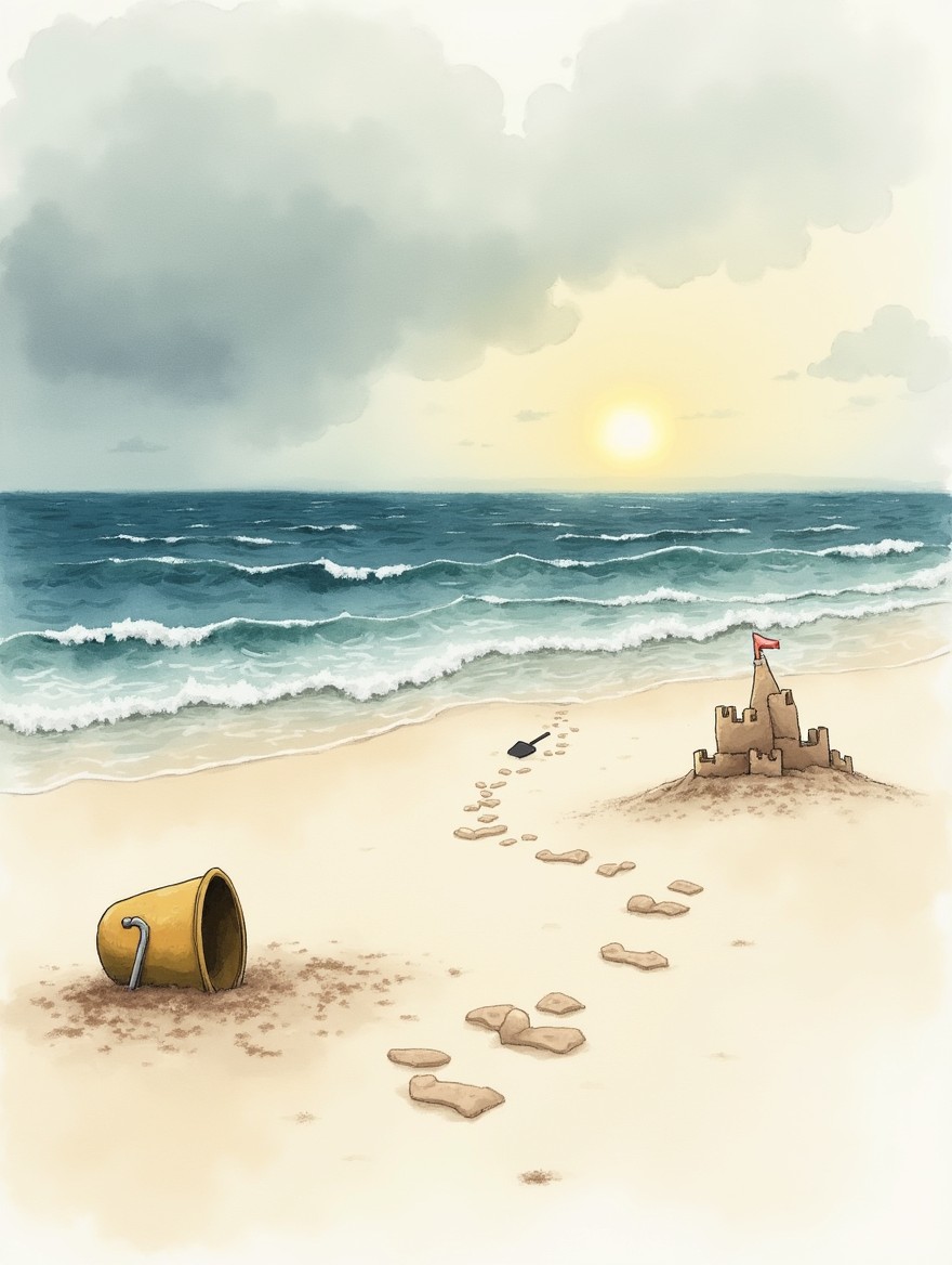A soft watercolor drawing of an empty beach at sunset