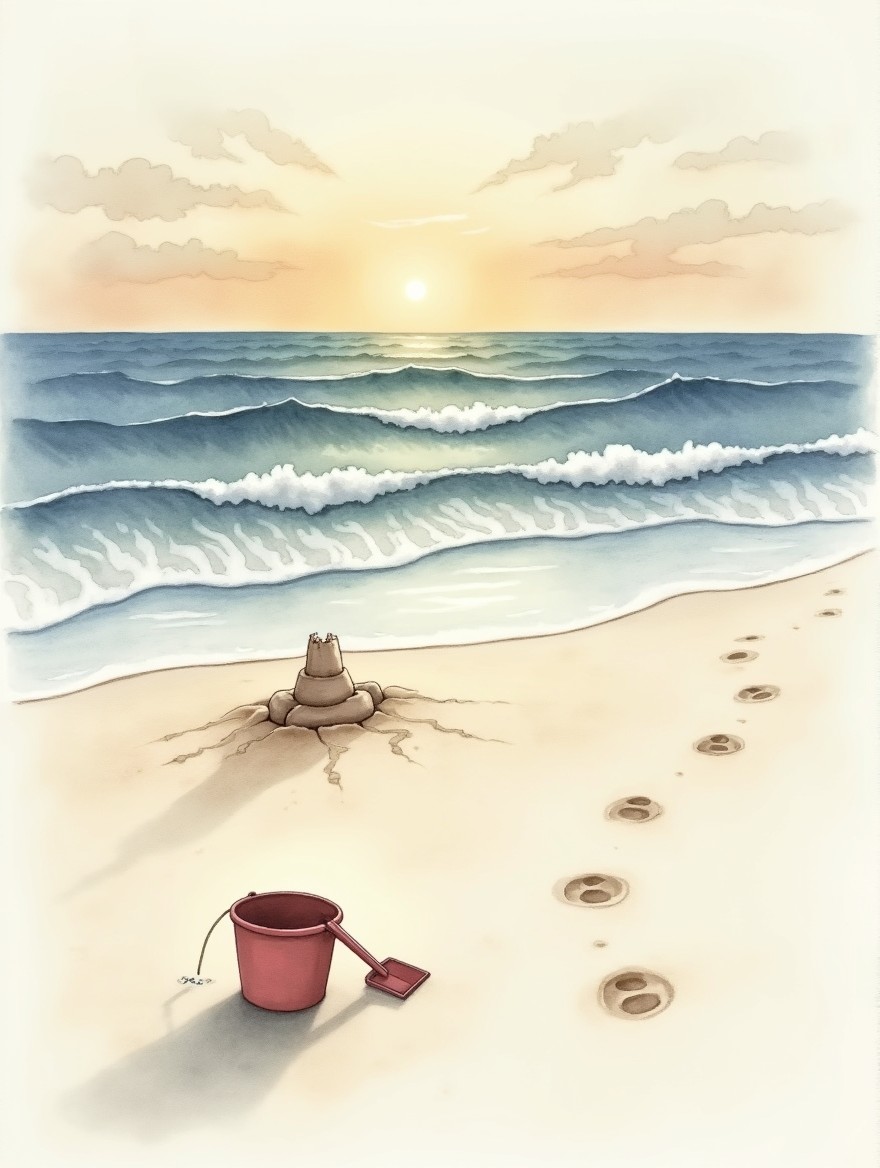 A soft watercolor drawing of an empty beach at sunset