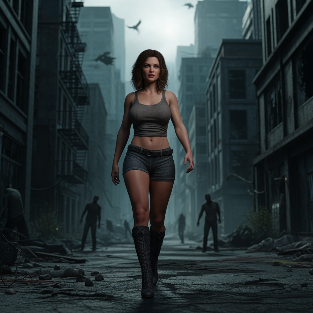 A realistic photo of a woman with brown hair, wearing tight shorts and a tight tank top that shows her midriff, paired with stylish boots