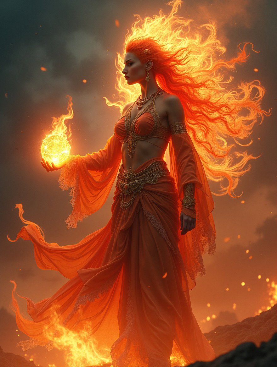 A mystical deity who commands fire, depicted in a majestic and powerful stance