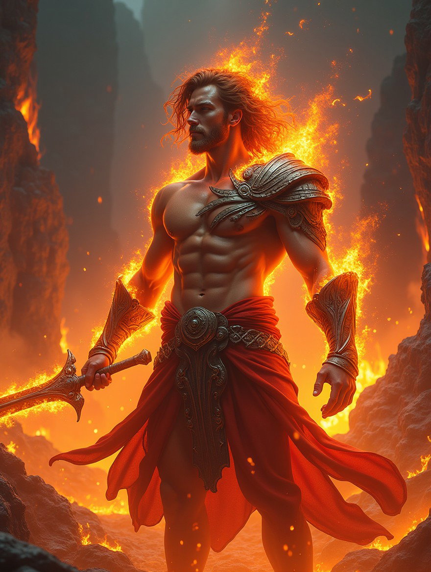 A mystical male deity who embodies and commands fire, portrayed in a striking and powerful pose