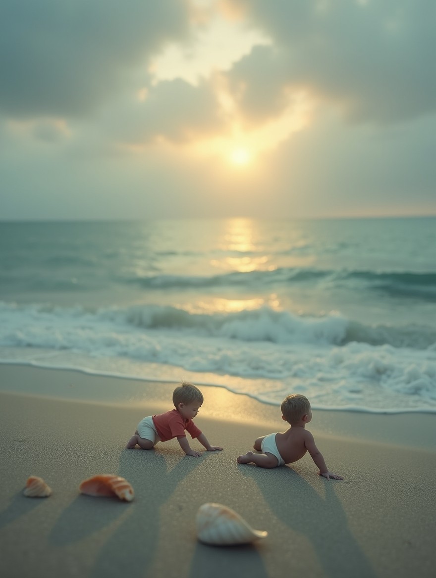 An empty beach at sunset with abandoned children's toys partially wet by the rising tide on the sand