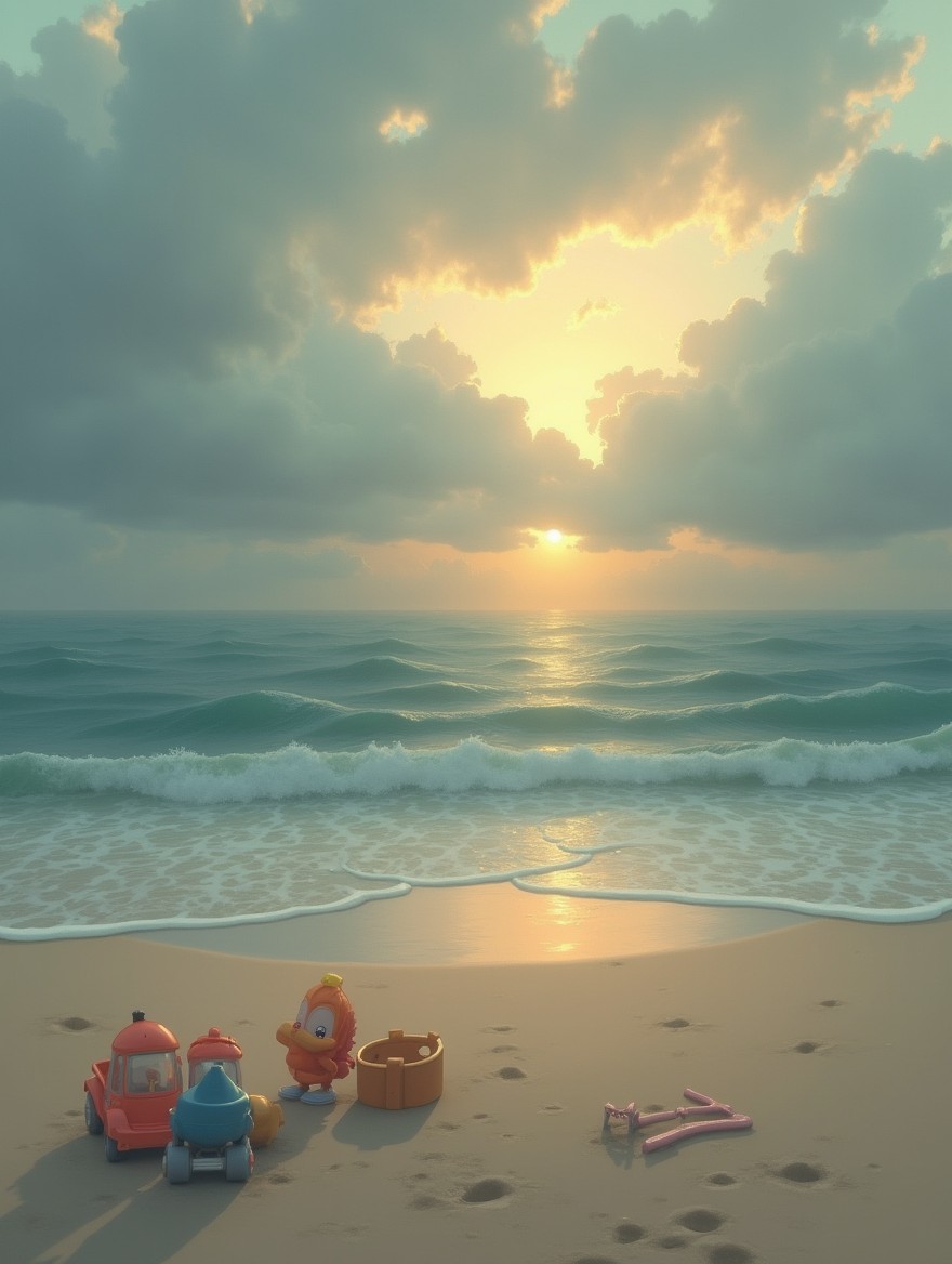 An empty beach at sunset with abandoned children's toys partially wet by the rising tide on the sand