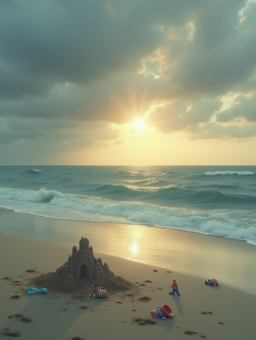 An empty beach at sunset featuring a sandcastle and abandoned children's toys partially wet by the rising tide on the sand