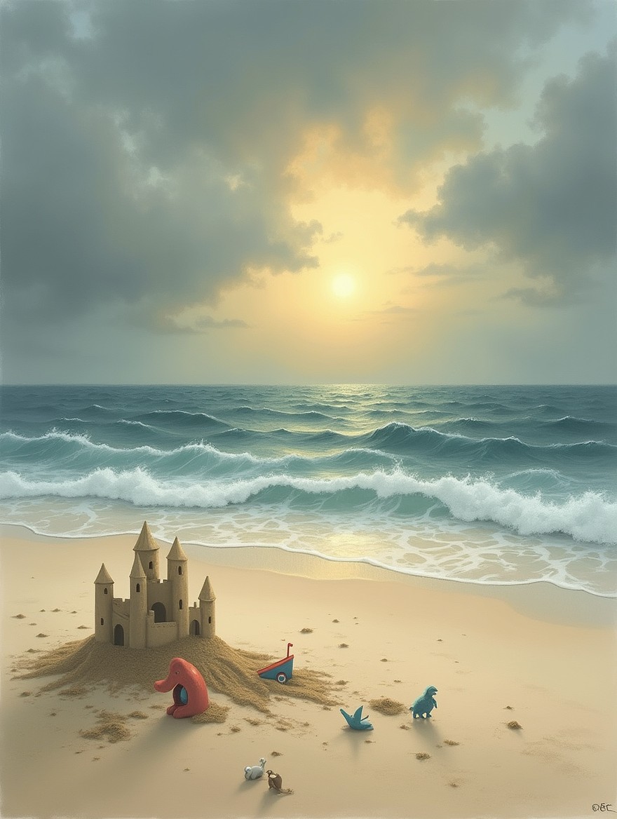A realistic drawing of an empty beach at sunset featuring a sandcastle and abandoned children's toys partially wet by the rising tide on the sand