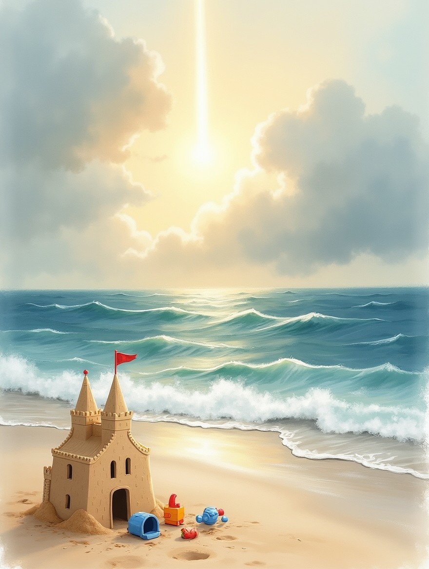 A watercolor-style realistic drawing of an empty beach at sunset, featuring a sandcastle and abandoned children's toys partially wet by the rising tide on the sand