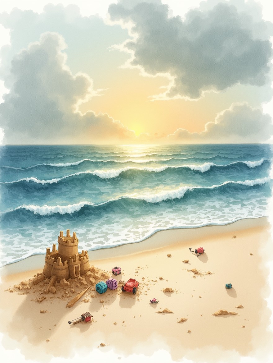 A watercolor illustration of an empty beach at sunset featuring a crumbling sandcastle and abandoned children's toys partially wet by the rising tide on the sand