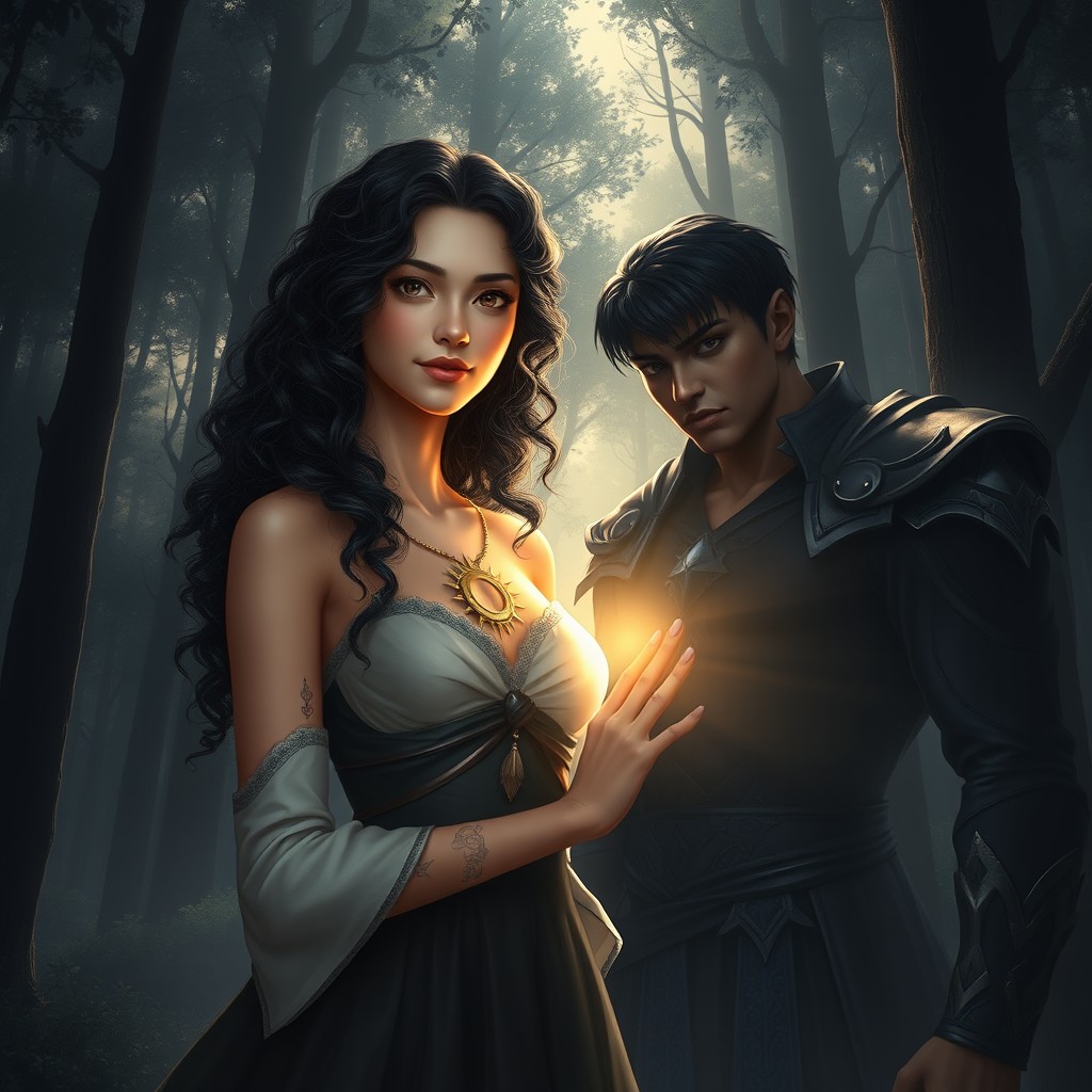 A captivating fantasy scene depicting Elara, a 22-year-old woman from the Kingdom of Light