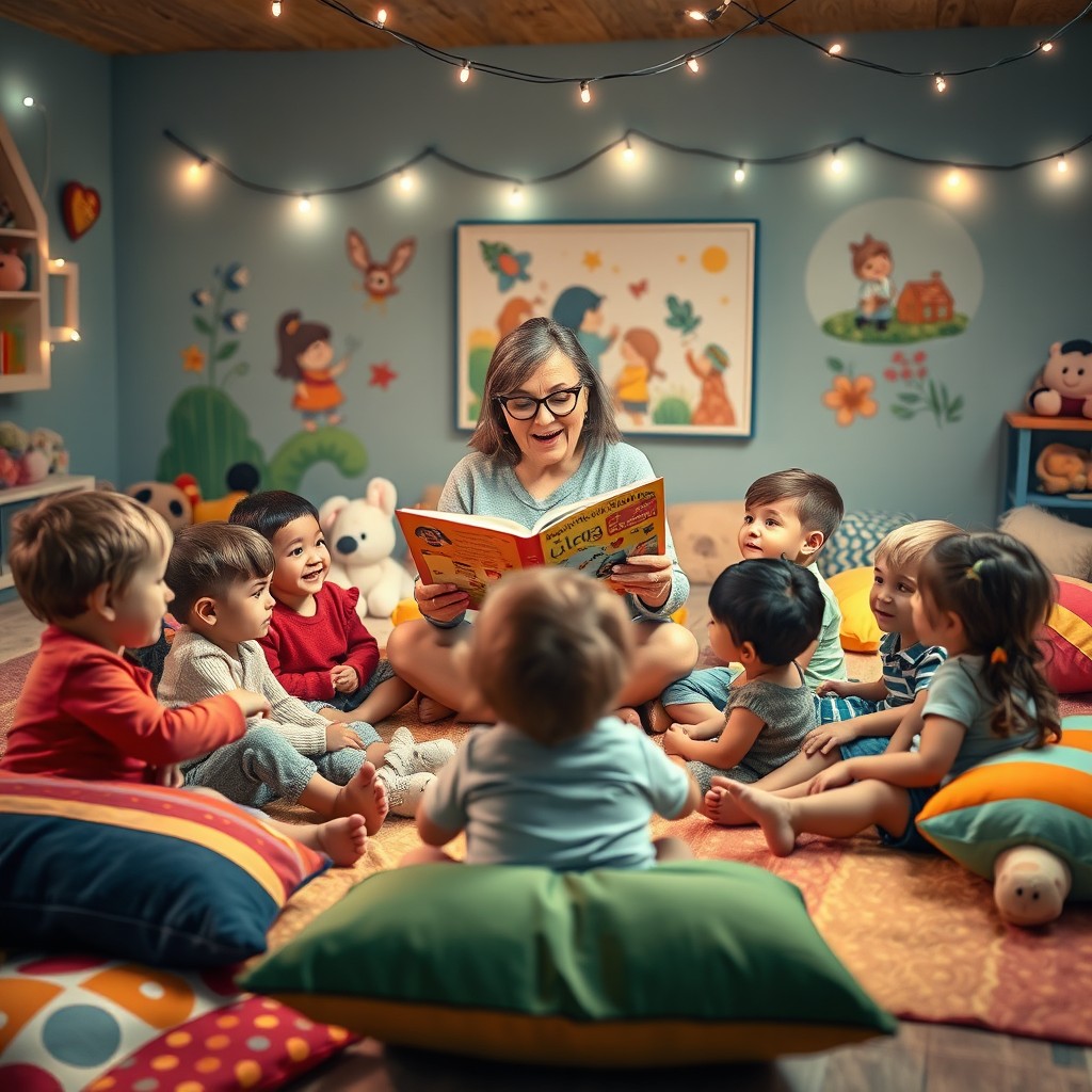 A cozy storytelling session for children, featuring a warm, inviting atmosphere with colorful cushions and blankets scattered on the floor