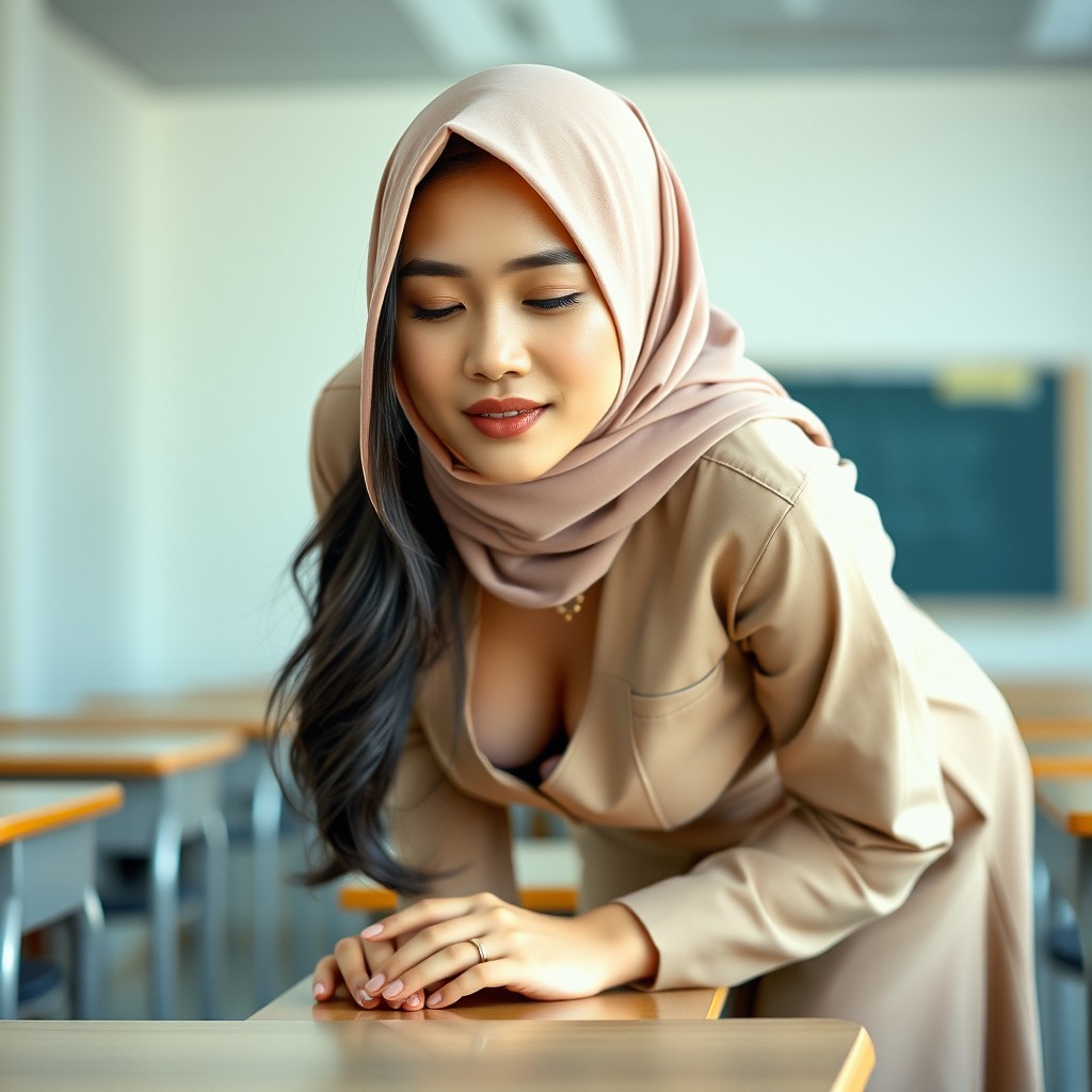 A beautiful young Indonesian woman in a classroom, captured from the side while bending over a desk with both hands resting on it