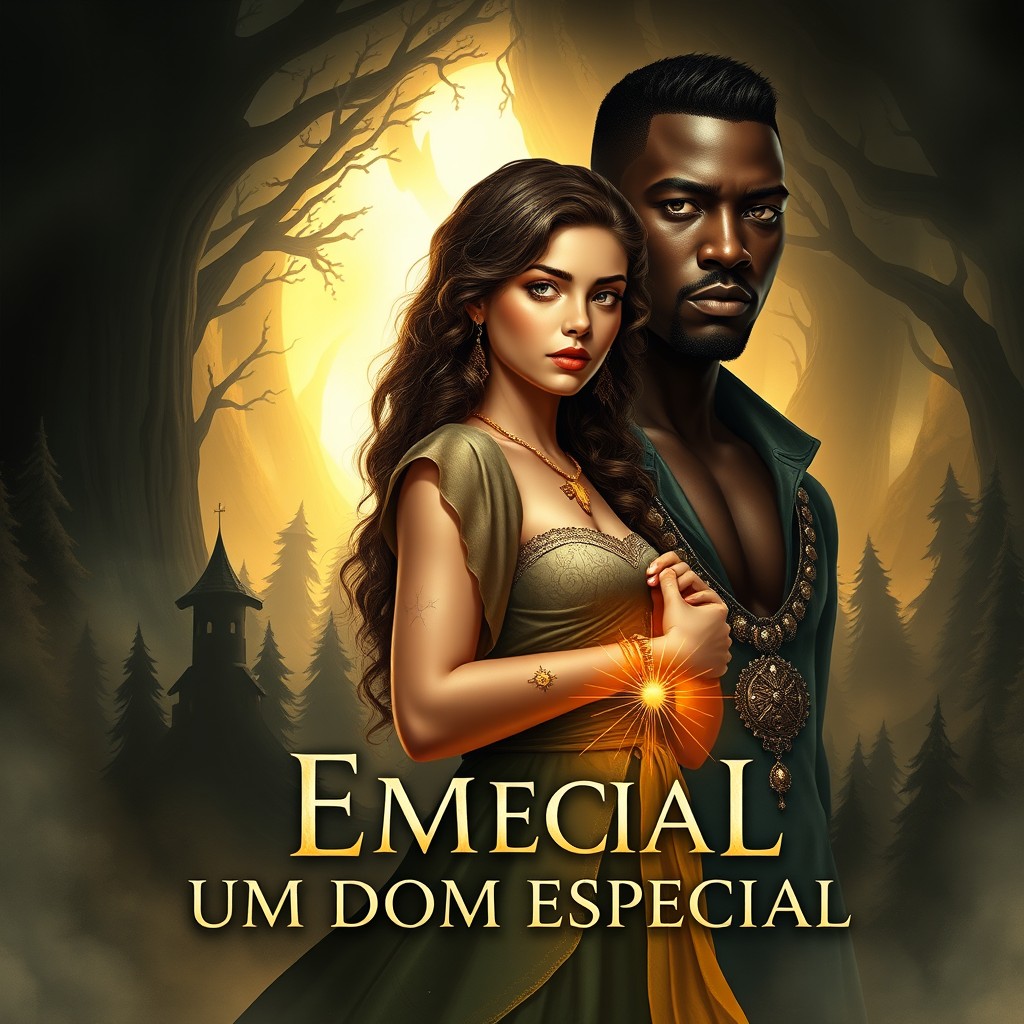 A captivating book cover for 'Um Dom Especial', featuring two main characters: Elara and Eliakim