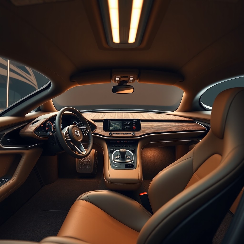 A wide view of a futuristic cockpit of a sleek sports coupe, featuring an advanced dashboard beautifully trimmed with reclaimed walnut wood and a high-tech modern flax-fiber composite