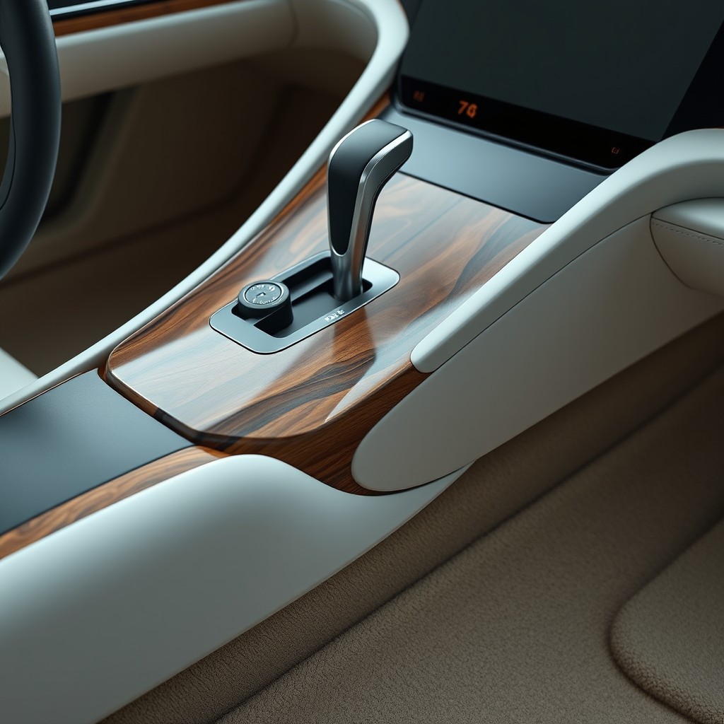 A detailed shot of the center console of a futuristic sports coupe, highlighting the exquisite blend of reclaimed walnut wood and modern flax-fiber composite surrounding the gear selector and control buttons