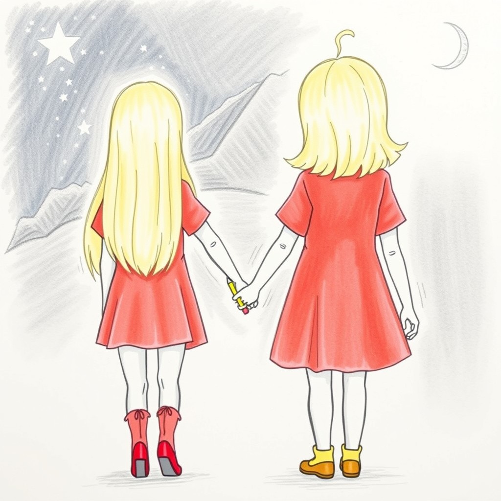 A pencil-drawn illustration depicting a blonde girl and a blonde child seen from behind, holding hands