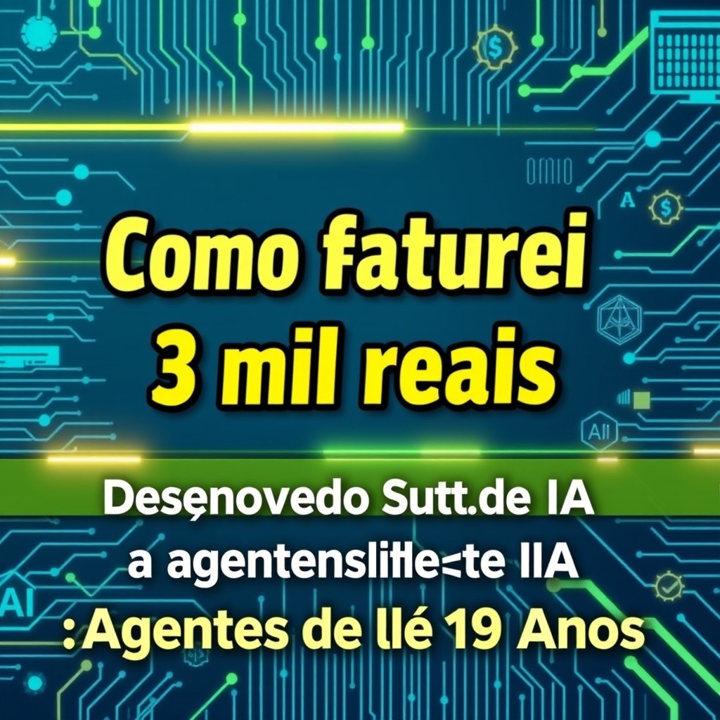 A vibrant and eye-catching thumbnail for a technology video titled "Como faturei 3 mil reais desenvolvendo softwares de ia e agentes de ia com 19 anos"