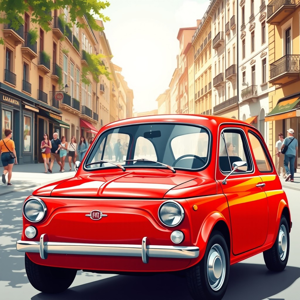 A vibrant automotive illustration featuring a classic Fiat Uno in a scenic city setting