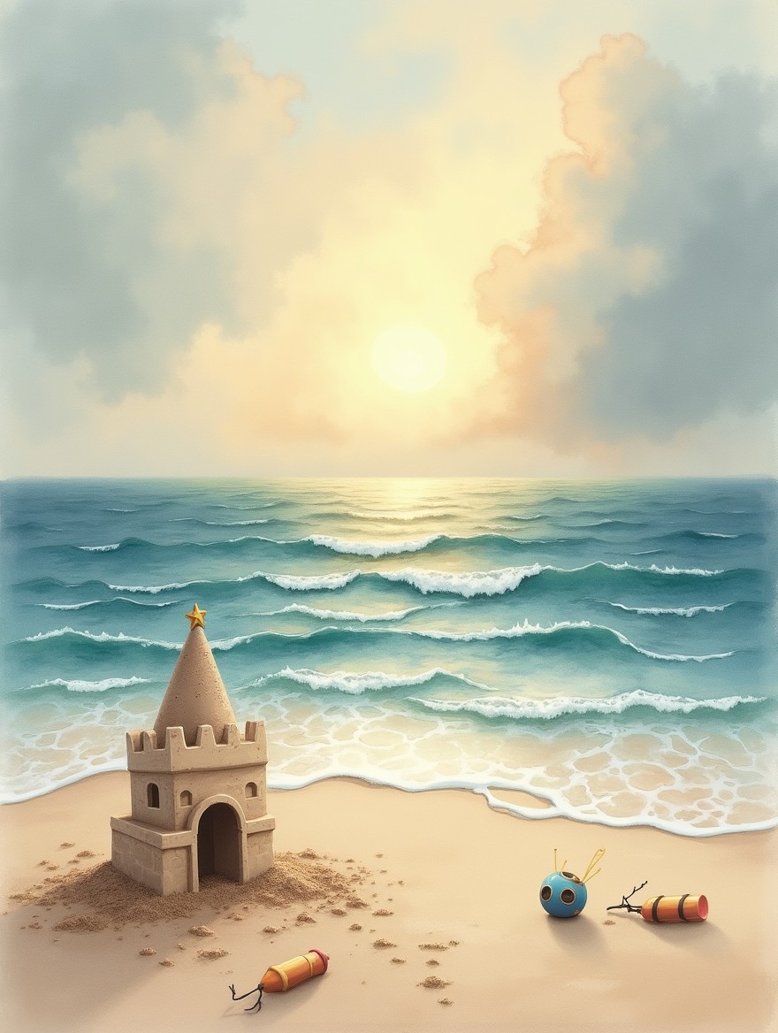 A watercolor-style image of an empty beach at sunset, featuring a crumbling sandcastle and abandoned beach toys partially wet by the rising tide on the sand