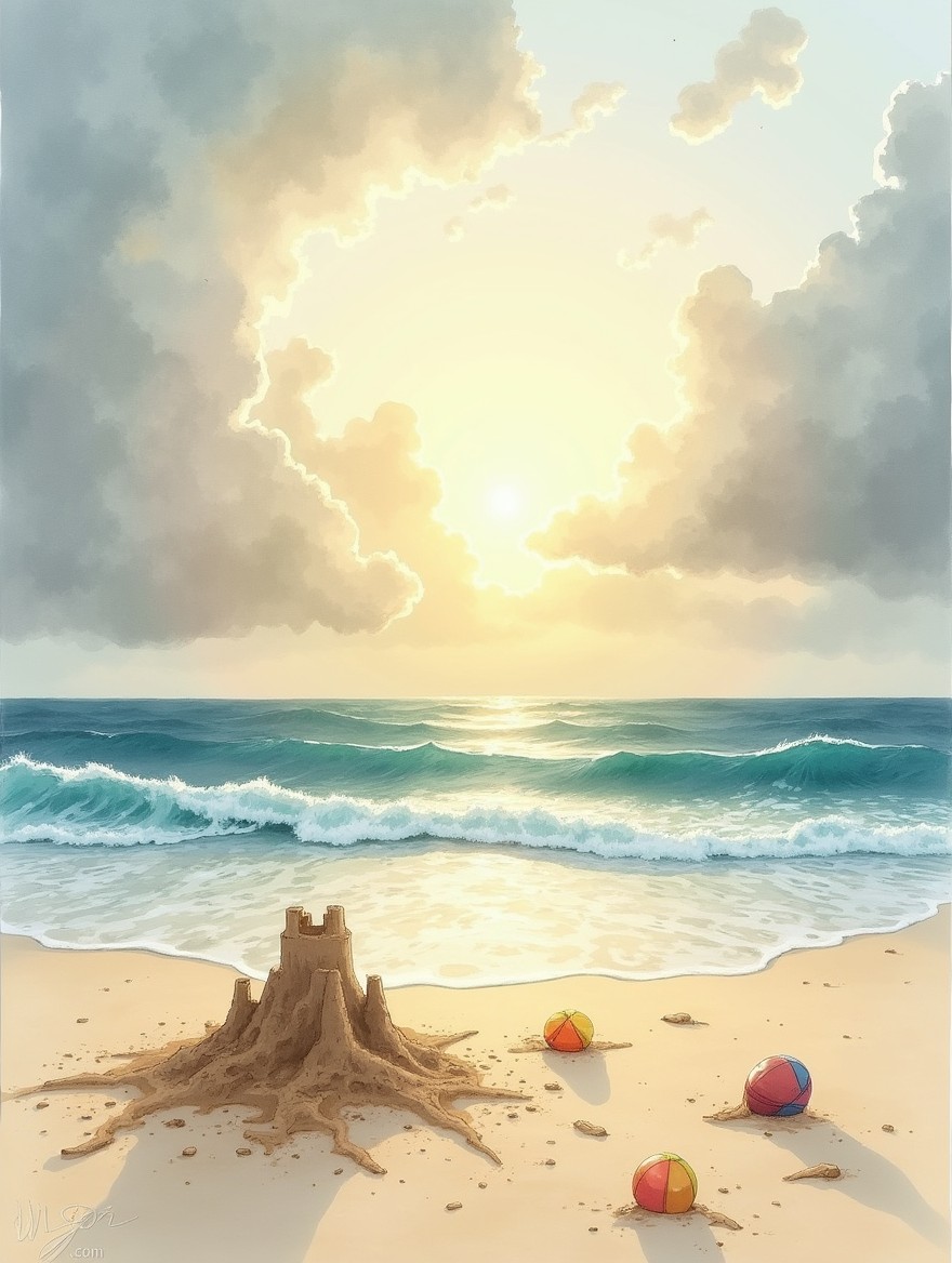 A watercolour-style illustration of an empty beach at sunset, featuring a sandcastle crumbling from the waves and abandoned beach toys partially wet by the rising tide on the sand