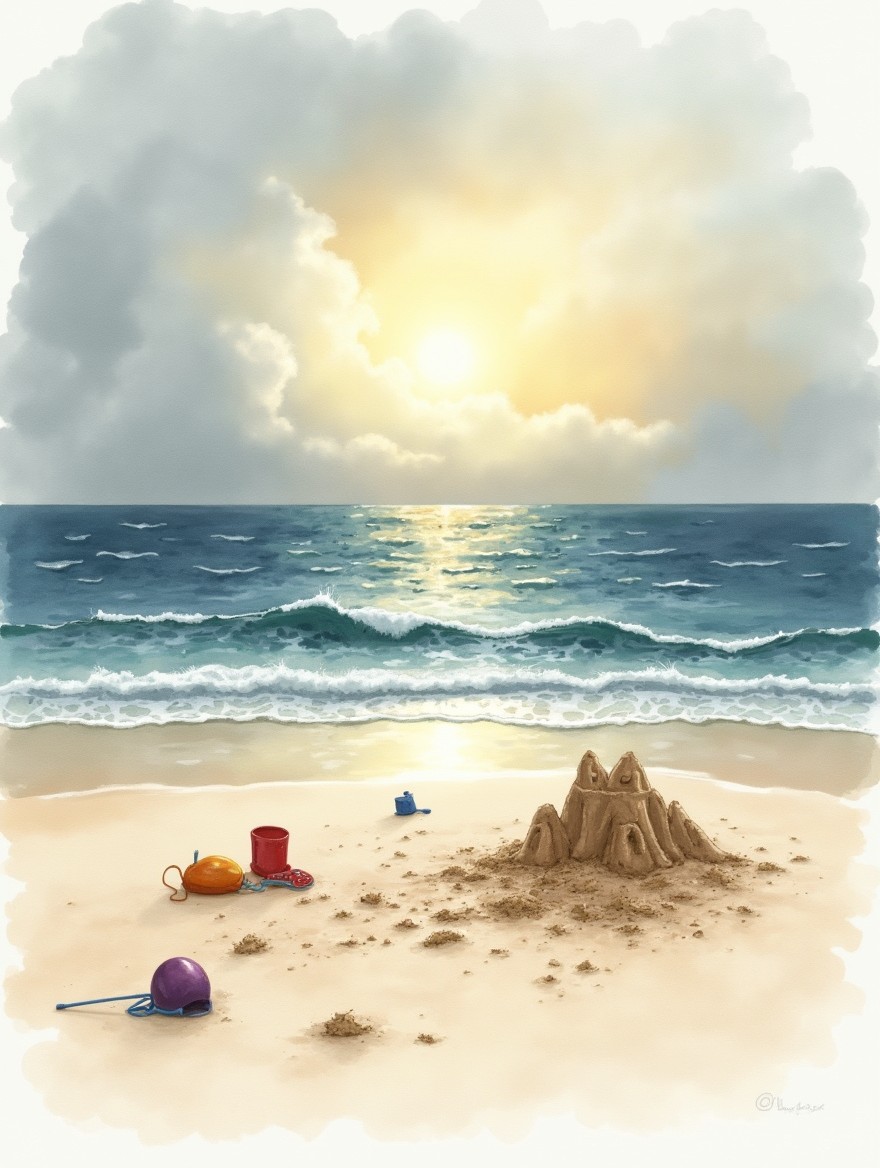 A watercolor drawing of an empty beach at sunset, featuring a destroyed sandcastle and abandoned beach toys partially wet by the rising tide on the sand