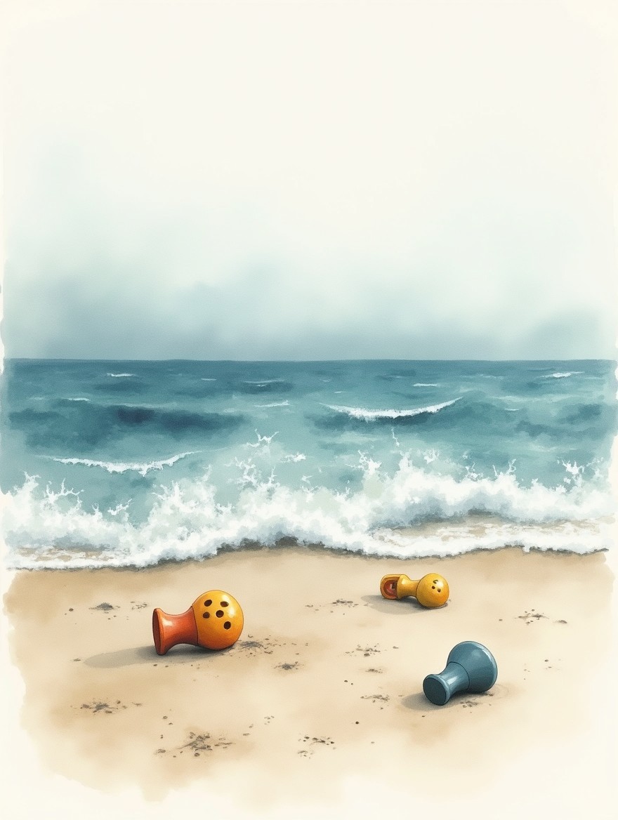 A watercolor-style image featuring the sandy beach with the edges fading in color, depicting a wave crashing in and toys scattered as if they have been swept away by the tide