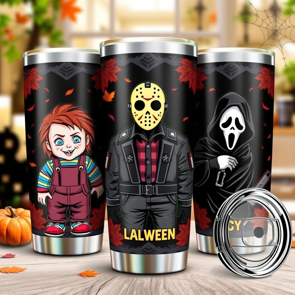 A stylish Halloween-themed 20 oz tumbler featuring iconic horror characters: Chucky, Jason Voorhees, and Ghostface from Scream