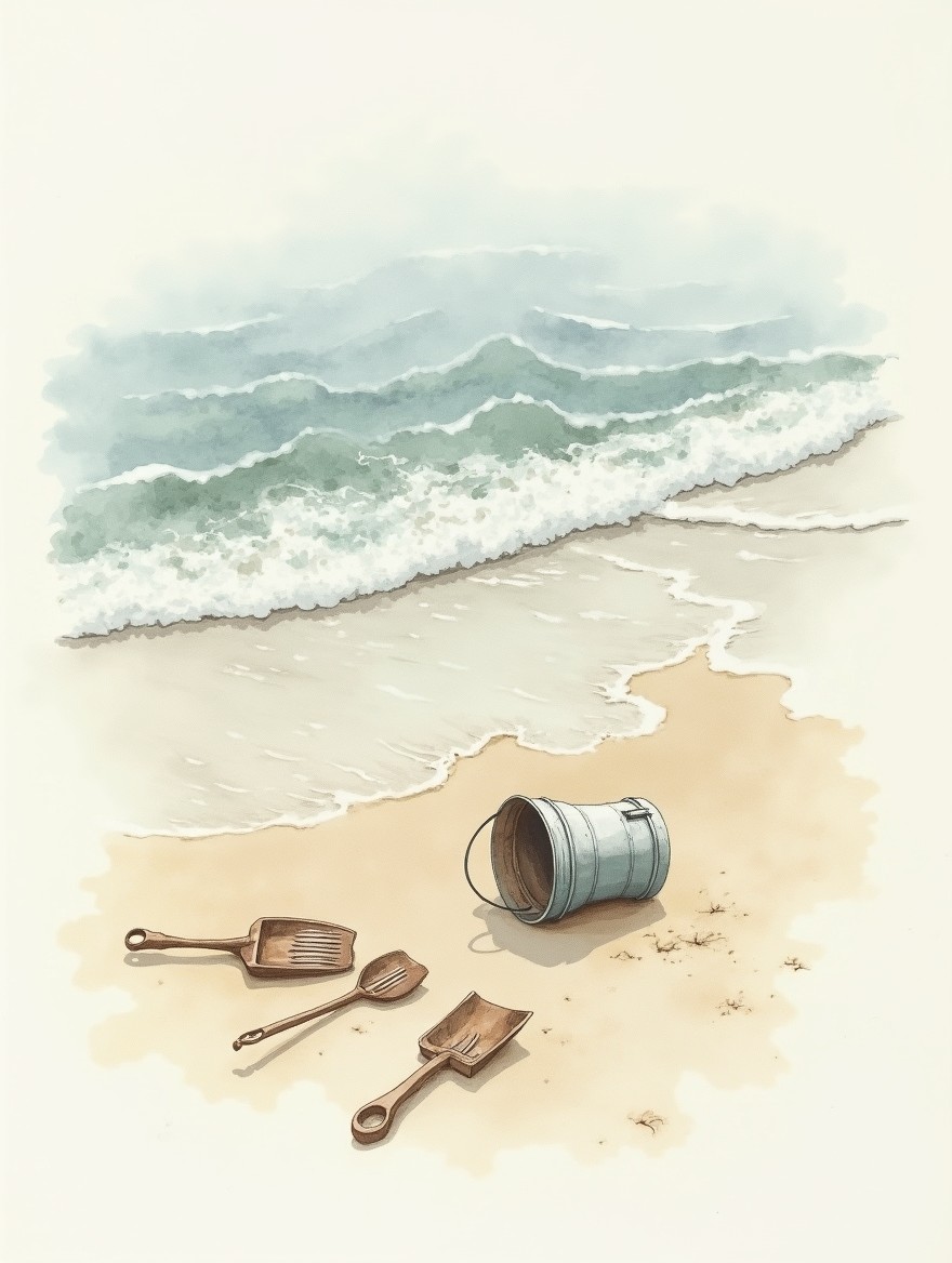 A watercolor drawing with fading edges, depicting a bird's-eye view of a beach with sand and a wave encroaching, carrying away a bucket, a spade, and molds, spread as if the wave has taken them