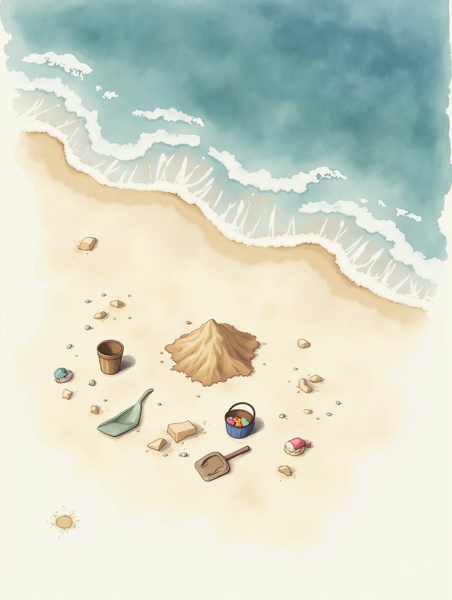 A watercolor-style drawing with fading edges, depicting a view from above of beach sand being gently encroached upon by a wave