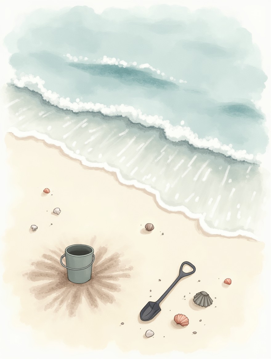 A watercolor-style drawing with fading edges, as if viewed from above, depicting a beach scene with sand and a wave encroaching