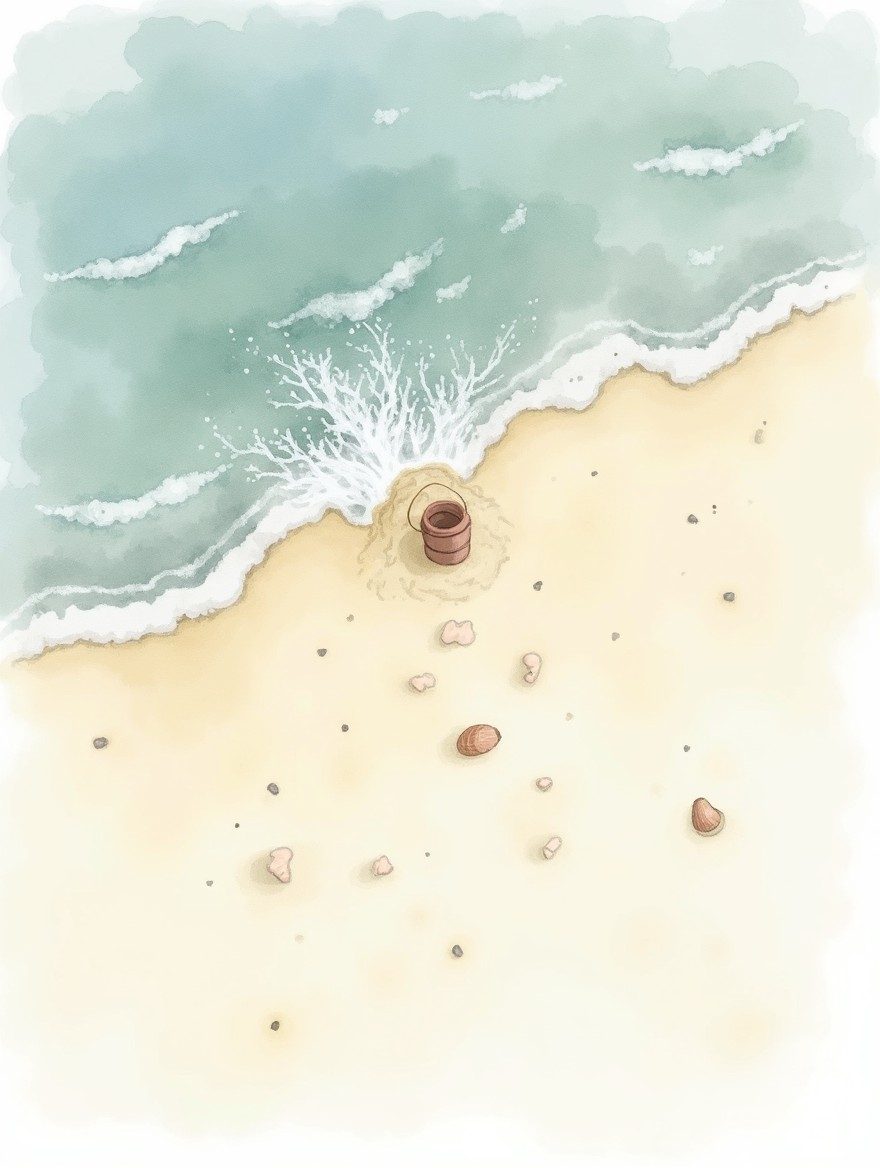A watercolor illustration with fading edges, depicting a top-down view of sandy beach, where a wave invades, carrying a small mound of sand and a toy bucket taken by the sea, along with scattered seashells as if the wave had pulled them away